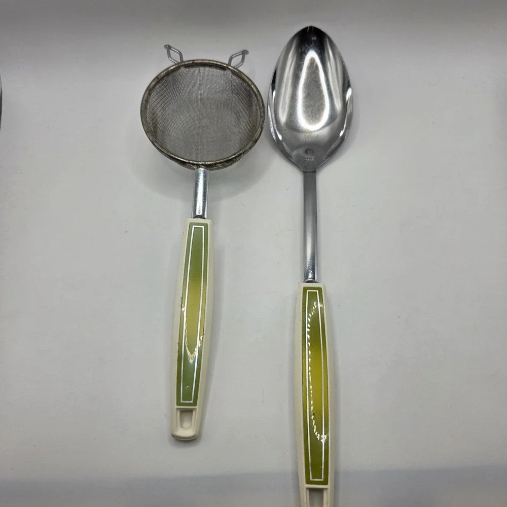 Vintage Ekco Serving Spoon and Mesh Strainer Set Green Cream MCM USA Made
